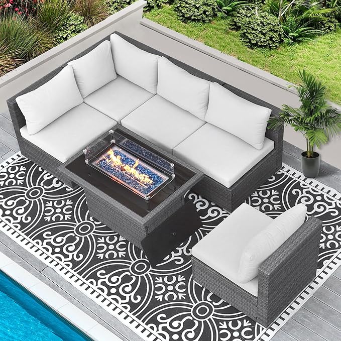 RADIATA 6 Piece Wicker Patio Furniture Set with Fire Pit, All-Weather Outdoor Sectional Couch High Back Large Size, Modular Backyard Seating Sofa Set with Propane/Natural Gas Firepit Table, Light Grey
