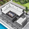 RADIATA 6 Piece Wicker Patio Furniture Set with Fire Pit, All-Weather Outdoor Sectional Couch High Back Large Size, Modular Backyard Seating Sofa Set with Propane/Natural Gas Firepit Table, Light Grey