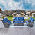 Rilyson Wicker Patio Furniture Set - 6 Piece Rattan Outdoor Sectional Conversation Sets with 2 Rocking Swivel Chairs,2 Ottomans and 2 Sofa for Porch Deck Garden(Mixed Grey/Blue)