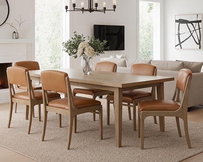 Mid Century Upholstered Dining Chairs Set of 4, Armless Farmhouse Leather Dining Chairs, Kitchen & Dining Room Chairs with Open Back, Accent Side Chairs for Living Room with Walnut Wood Frame, Brown