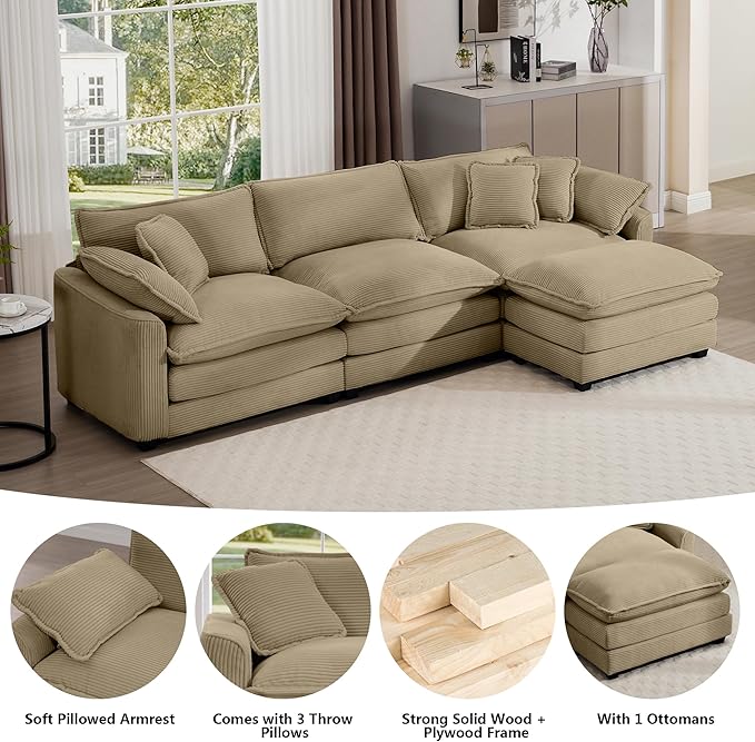 Aoowow Corduroy 3 Seater Cloud Couch with Ottoman,Modern Cloud Couches for Living Room,Modular Sectional Cloud Sofas with Deep Seat,Oversized Tufted L-Shaped Sofa Set (Tan, 3 Seater + 1 Ottoman)