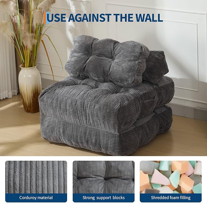 Garvee Folding Sofa Bed, Convertible Sleeper Chair with Pillow Foldable Mattress with Back Support, Boneless Fold Out Chair Bed Comfy Floor Sofa Lounge for Living Room, Bedroom, Dark Gray, Single