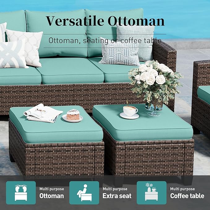 Swivel Glider Patio Furniture Set Outdoor Furniture Brown Wicker Rattan Patio Conversation Sets with Cushion Outside Sofa Set,5 Pieces with Rectangular Firepit Table,7 Seats,Blue