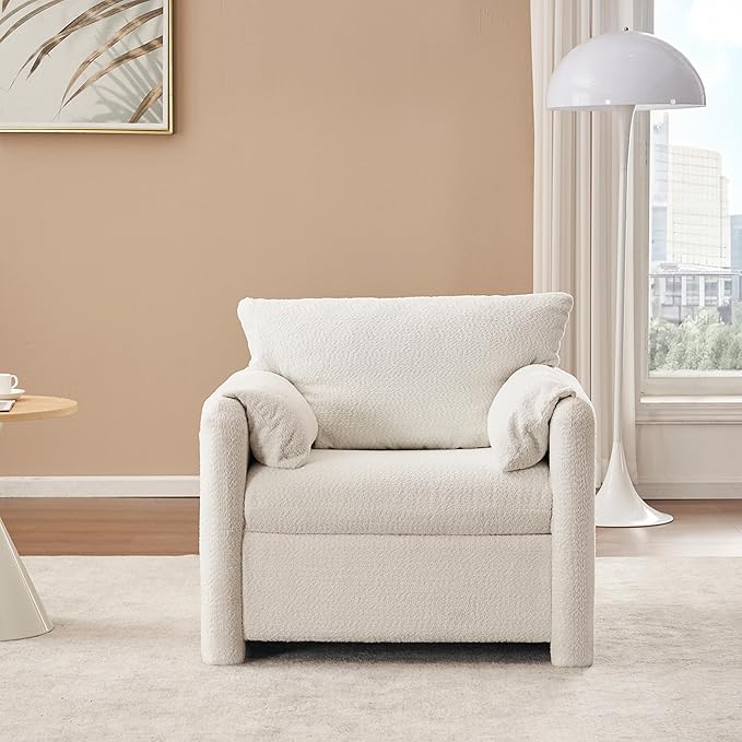 Plush Chenille Accent Chair - Modern Single Seater with High-Resilience Cushion, Compact Reading Chair for Living Room, Bedroom, Dorm Room, Ivory White