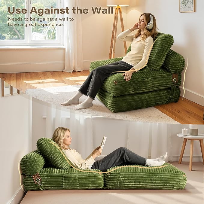 75''Foldable Sofa Bed,Green Convertible Folding Sleeper Chair Bed,Foldable Single Sofa Foam Filling Couch with Pillow, Comfy Corduroy Lazy Floor Sofa for Small Room Living Room Bedroom Apartment