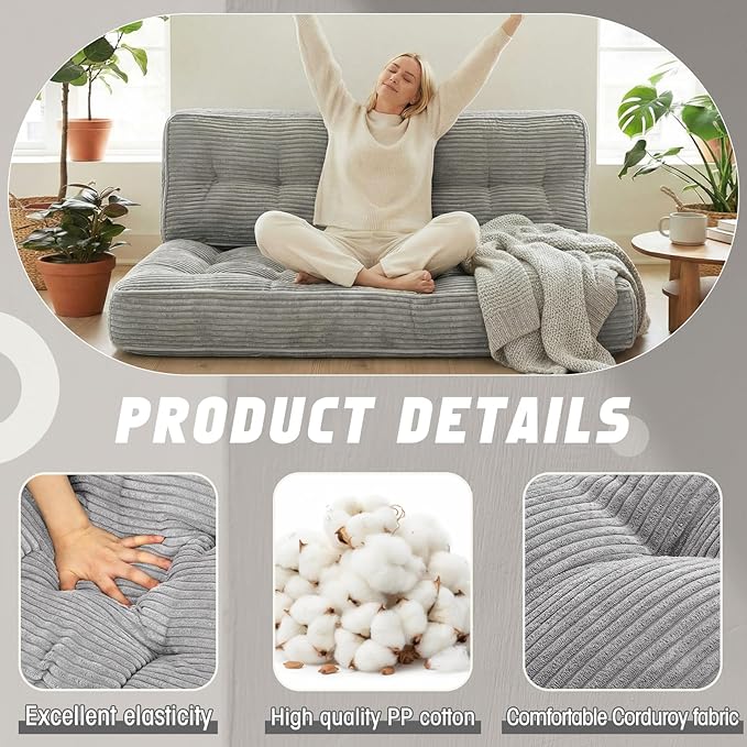 Vercraft 63 Inch Folding Bench Cushion, 4 Inch Thick 2-in-1 Convertible Long Floor Lounger Boneless Cushions Couch Mattress Upholstered for Yoga, Reading, Sleeping, Meditation Living Room(Light Grey)