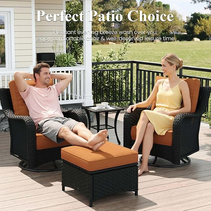 LayinSun 8 Piece Wicker Outdoor Furniture Set with 6-inch Comfy Cushions, High Back Patio Furniture Set with Swivel Rocking Chairs and Fire Pit Table