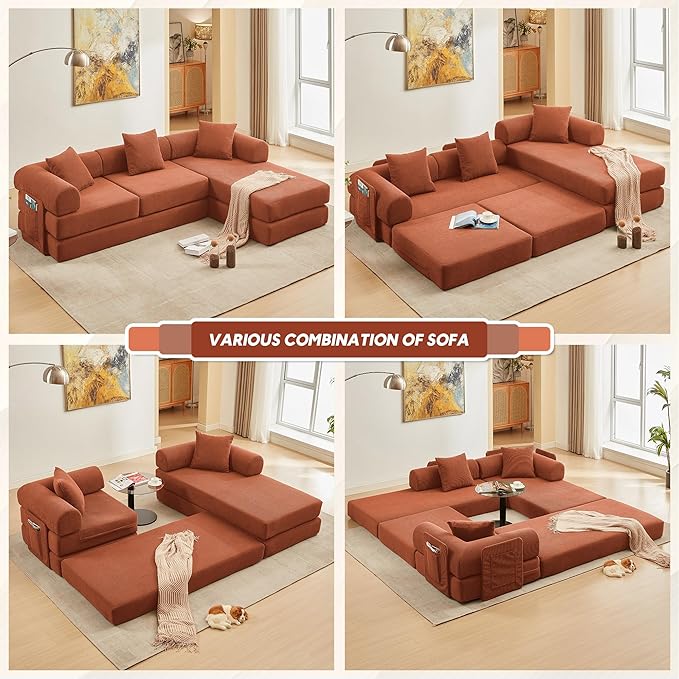 L Shaped Convertible Modular Sofa Bed with Cylindrical Pillow & Reversible Chaise, Corduroy Folding Floor Sofa Couch Bed with Fixed-Shape Frame & Storage Pocket for Living Room, Orange