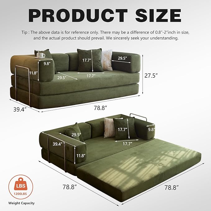 LIAROO 78.8" Convertible Sofa Bed -Compression Sofa with Corduroy Fabric - with Armrests and Backrest - Modular Sectional for Living Room, Bedroom, Studio - Compression Sofa in Box(Green)