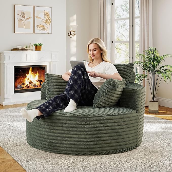 50"W Oversized Round Chaise Lounge Chair Indoor, Upholstered Corduroy Deep Seat Cloud Circle Sofa Chair, Modern Fluffy Comfy Floor Reading Armchair for Living Room, Bedroom, No Assembly Required,Green