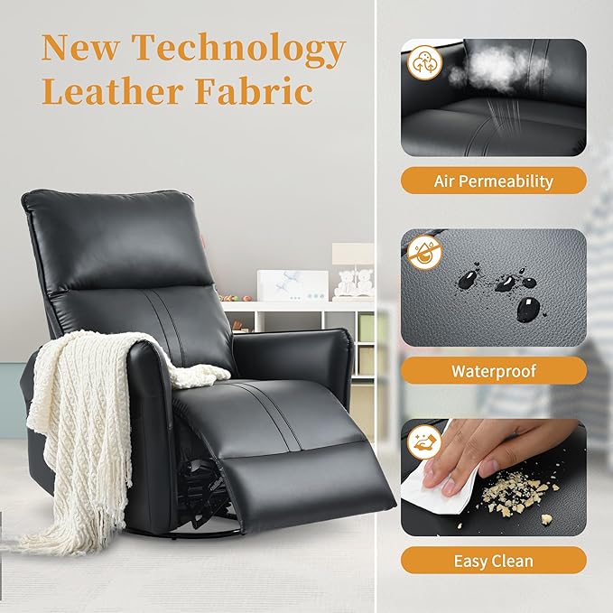QKFF Swivel Rocker Recliner Chair, Upholstered 360° Fabric Leather Glider Rocker Chair for Nursery, Manual Small Recliners for Small Spaces Living Room Weight Capacity 300lbs