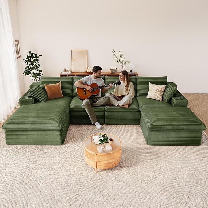 136" Cloud Modular Sectional Sofa with 1 Ottoman, Modern Upholstered Corduroy Couches, Comfort U Shaped Sofa for Living Room, Deep Seat Boneless Couch, No Assembly Required(Green,Left Facing Chaise)