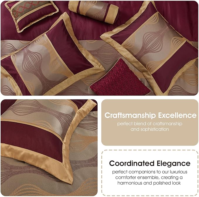 Grand Avenue Elegant Wine Gold 7 Pieces Lightweight Microfiber Bed-in-a-Bag Comforter Bedding Set All Season, Striped, Jacquard Queen Comforter Set, All Season Bedroom Home Décor