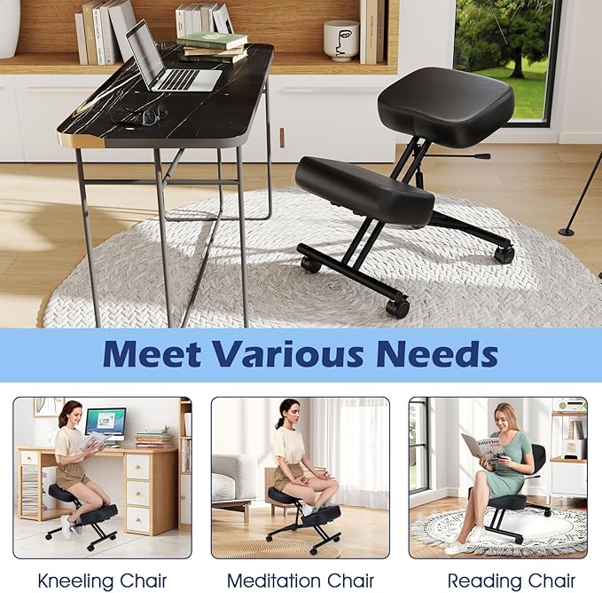 Giantex Ergonomic Kneeling Chair for Office, Knee Stool Chair w/Adjustable Height and Seat Angle to Relieve Pain, Posture Desk Chair w/Lockable Universal Wheels, Thick Padded Cushions, Black (2)