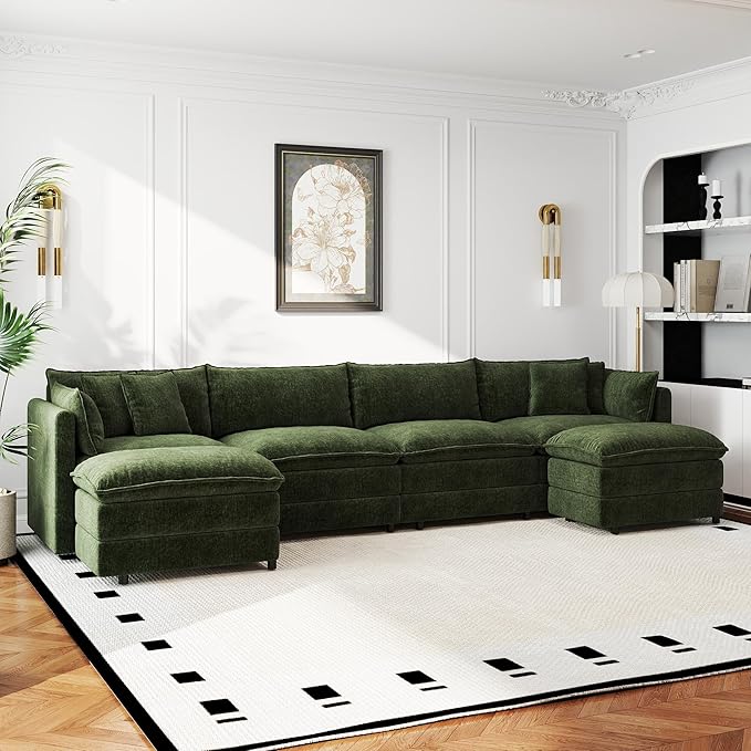 Aoowow Modular Sectional Sofa Modern Convertible U Shaped Couch,147.2 Inch Deep 4-Seater Sofas Set Comfy Chenille Cloud Sofas and Couches with Movable Ottoman for Living Room Apartment（Green）