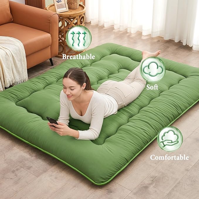 DAICO Japanese Floor Mattress, 4'' Thicken Futon Mattress Tatami Mat, Sleeping Pad Foldable Roll Up Mat for Camping and Guest Room, Twin Size 39''*80'', Green