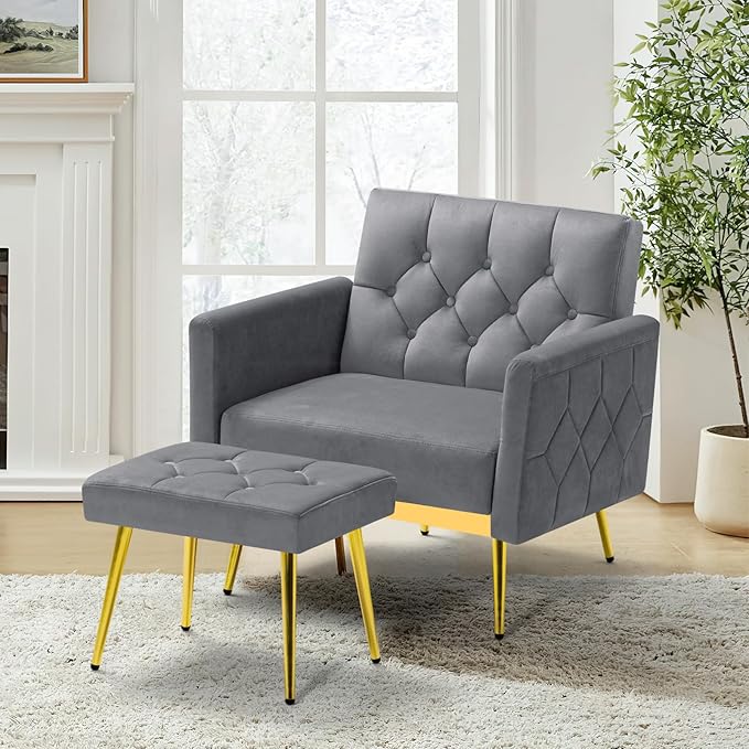 ACMEASE Velvet Accent Chair w/Adjustable Armrests and Backrests, Tufted Single Sofa with Ottoman, Upholstered Reading Chiar for Living Room, Apartment, Bedroom, Grey