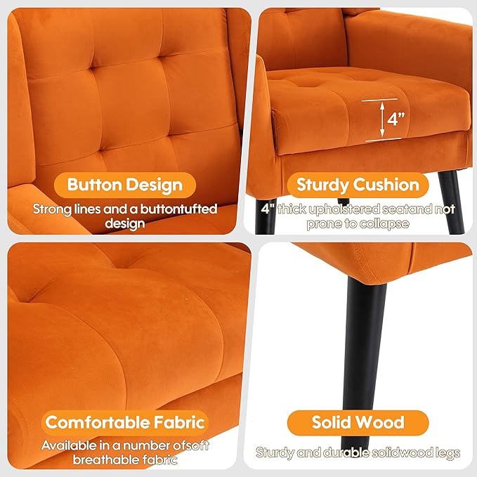 OO BY ORANGE ONLINE Set of 2 Velvet Accent Chair, Mid-Century Modern Tufted Armchair for Living Room, Bedroom & Office (Orange)