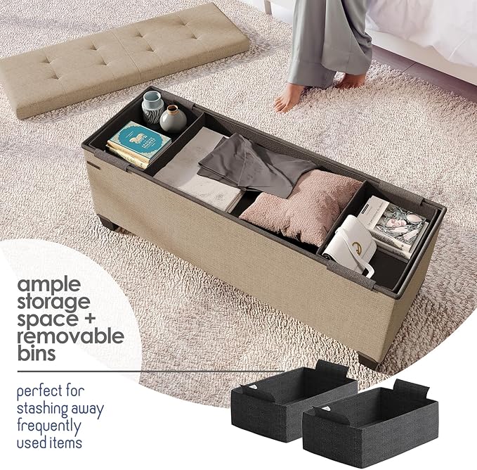 STORAGEBUD Storage Ottoman Bench with Bins, 43-in Storage Bench for Bedroom End of Bed, Folding Foot Rest Ottoman for Living Room Max 660lbs, Fabric Ottomans, Taupe