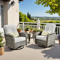 CAODOC 3-Piece Swivel Rocking Rattan Chair Outdoor, Patio Bistro Furniture Conversation Set, Wicker Chair with Coffee Table Grey