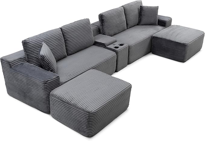125” Oversized Modular Sectional Sofa, Deep Seat Corduroy Cloud Couch with Cup Holders, USB Ports & Storage Box, Sleeper Sofa Couch Boneless Couches for Living Room, No Assembly Required (Grey)