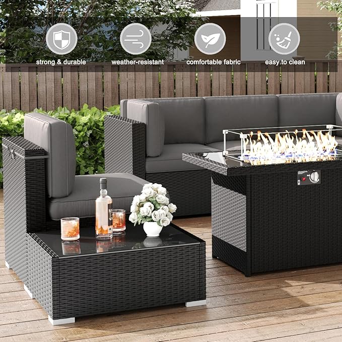 LayinSun 15 Pieces Patio Furniture Set with Fire Pit Table, Black Rattan Modular Sectional Patio Conversation Sofa Set