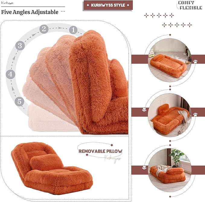 Upholstered Human Dog Bed for Adult & Pets, Convertible Lazy Sofa Bed with 5 Adjustable Position, Comfy Tatami Bean Bag Lounge Chair with 2 Soft Pillows for Bedroom Living Room (Orange Fluffy)