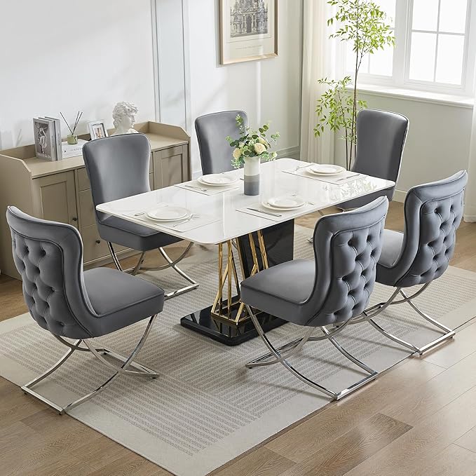WUTUTUEE Luxury Velvet Dining Chairs, Tufted Upholstered Armless Accent Chairs with Silver Metal X-Legs, Modern Glam Dining Room Chair Set of 2, Dark Grey