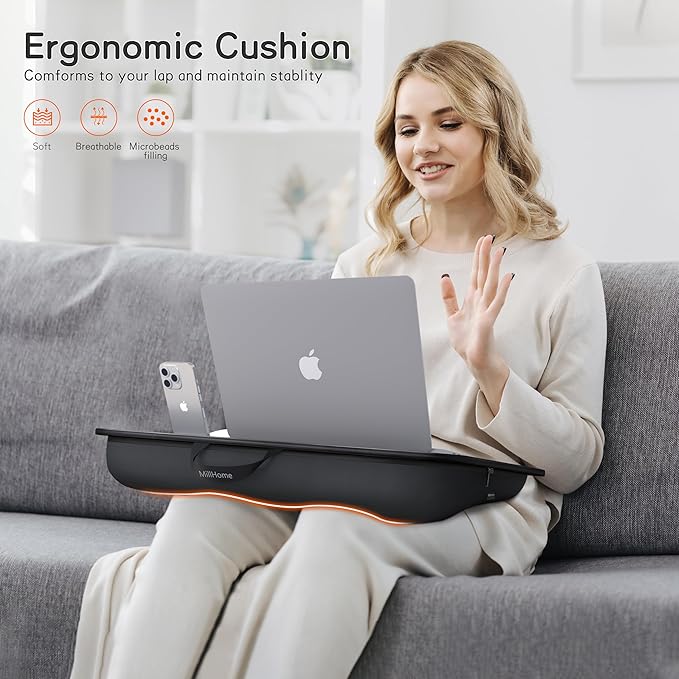 Millhome Lap Desk | Portable Laptop Desk – Fits Up to 17.3" Laptops – Washable Cushion, Adjustable Strap, Phone Holder – Ideal for Short Road Trips or Writing, Working, Reading on Bed, Couch – Black
