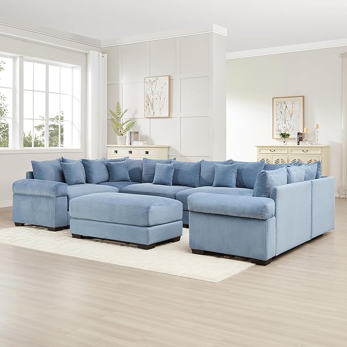 KEIKI 138" U-Shaped Oversized Corduroy Modular Cloud Sectional Sofa with 1 Ottoman, High-Density Foam Cushion, Extra-Thick Armrest, 6-Seater Fluffy Corner Couch with 20 Pillow, for Living Room, Blue