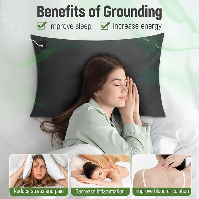 Groundingtop Grounding Pillow Case King Conductive Grounding Pillowcase 10% Silver Fiber 90% Cotton Grounding Sheet for Better Sleep Pain Relief Improve Energy (20X36in) Black 1PC