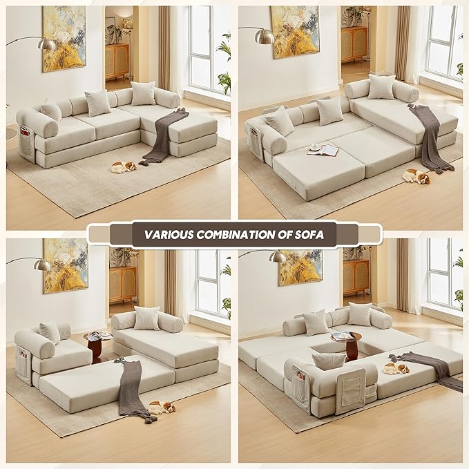 L Shaped Convertible Modular Sofa Bed with Cylindrical Pillow & Reversible Chaise, Corduroy Folding Floor Sofa Couch Bed with Fixed-Shape Frame & Storage Pocket for Living Room, Beige