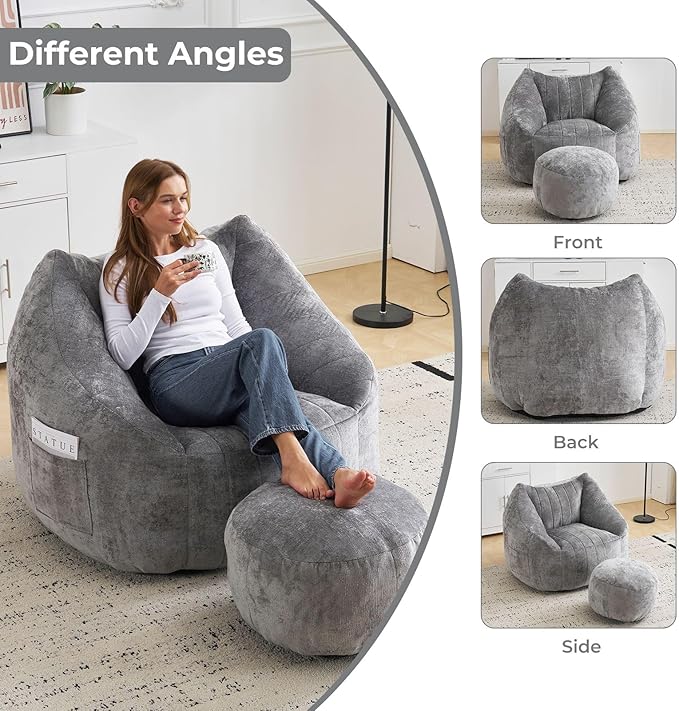 Giant Bean Bag Chair with Ottoman for Adults, Oversized Bean Bag with Filling Plush Fluffy,BeanBag Floor Sofa Chair with with Back Support for Living Room, Bedroom, Reading,Grey