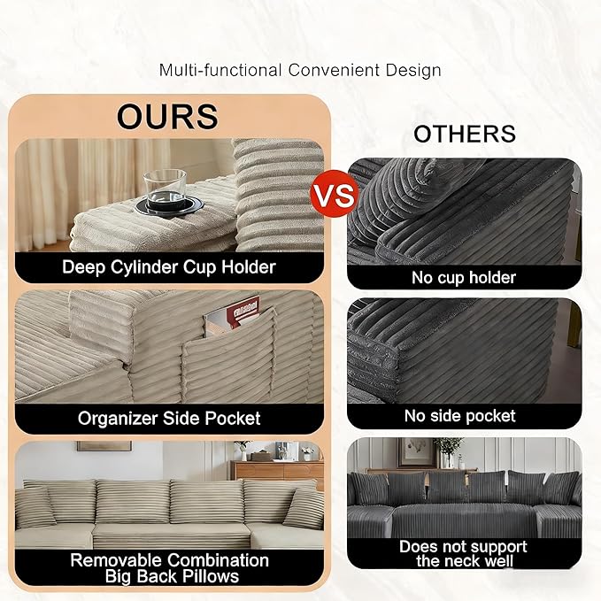 134" Modular Cloud Sectional Sleeper Sofa Couch for Living Room, U Shaped 6 Seat Sofa with 2 Storage Pockets, 2 Pillows & 2 Cup Holders, No Assembly Required (Camel)