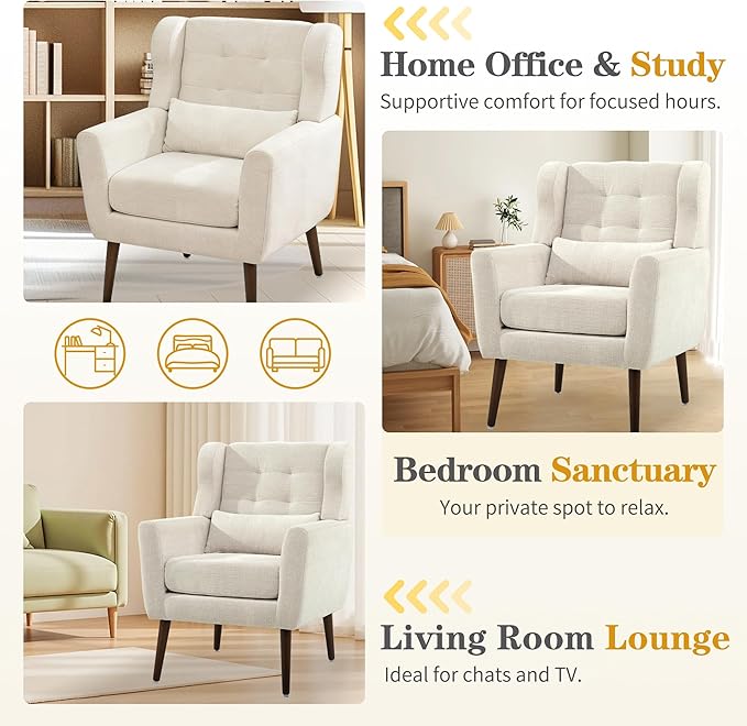 QKFF Modern Accent Chair, Upholstered Armchair with Pillow, Fabric Single Sofa Chair with Lounge Seat and Wood Legs Accent Chair for Living Room Bedroom Small Spaces (Beige, Set of 1)