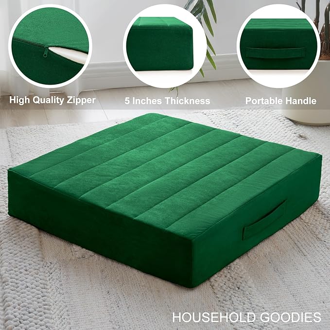 JKMAX 22 inches Floor Pillow for Adults - Large Meditation Cushion with Thick Foam - Premium Outdoor Square Floor Cushion Seat - Yoga Pillow for Sitting On Floor - Green