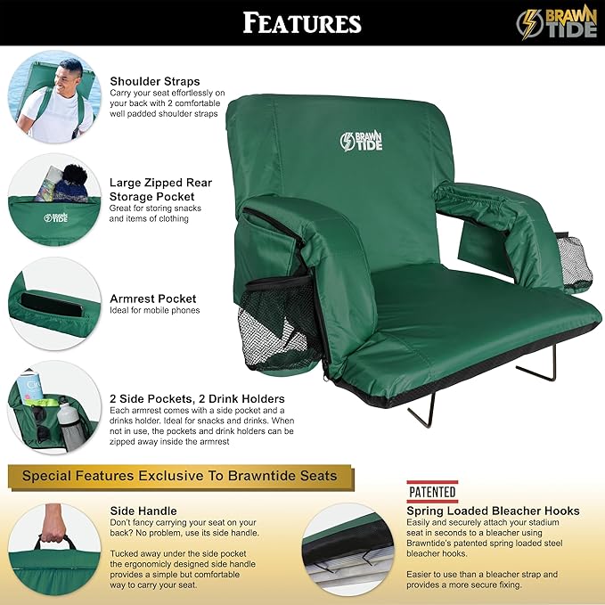 BRAWNTIDE Stadium Seat with Back Support - Comfy Cushion, Thick Padding, 2 Steel Bleacher Hooks, 4 Pockets, 2 Cup Holders, Reclining Back, Ideal Chair for Sport Events, Beaches, Camping, Concerts