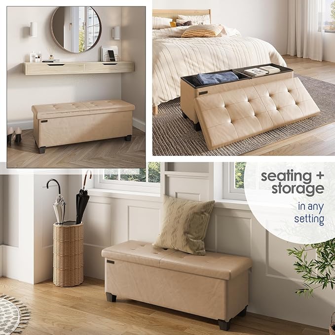 Storage Ottoman Bench with Bins, 43-in Storage Bench for Bedroom End of Bed, Folding Foot Rest Ottoman for Living Room Max 660lbs, Faux Leather Ottomans, Taupe