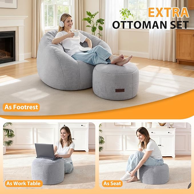 HABUTWAY Bean Bag Chair, Oversized Shell-Shaped Bean Bag Couch with Ottoman, Giant Beanbag Chair for Adults and Kids, Comfy Bean Bag Sofa & Footstool, Large Floor Sofa for Living Room Bedroom, Grey