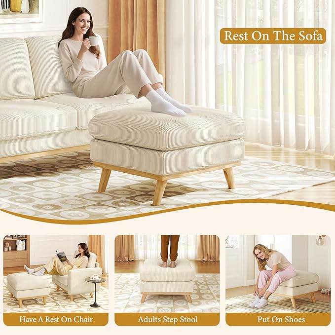 Vesgantti Large Ottoman for Modular Sofa, 29.5" Corduroy Pouf Ottoman with Spring Cushion, Rectangle Foot Rest for Couch, Entrance Footstool with Wood Legs, Footstool for Living Room, Bedroom, Beige