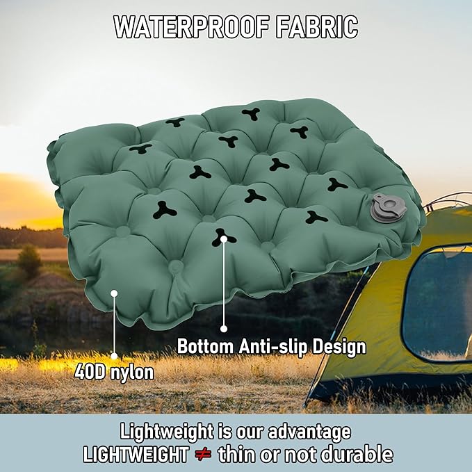 BreezCamp Inflatable Seat Cushion, Lightweight Stadium Seat Pad, Camping Accessories Chair Pad for Airplane Travel, Hiking, Climbing, Home and Office,Olive Green