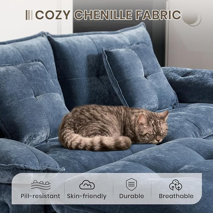 PALLOME 82" Deep Seat Comfy Cloud Couch, Modular Sectional Sofa with Movable Ottoman, L Shaped Chenille Sofa for Small Space, Modern Apartment Living Room & Office (Blue, 2-Seat + Ottoman)