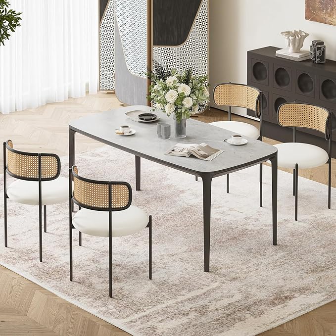 Farini Dining Chairs Set of 2, PU Leather Upholstered Seat with Woven Rattan Back, Sturdy Metal Legs Modern Side Chairs for Kitchen Living Room Restaurant, Beige