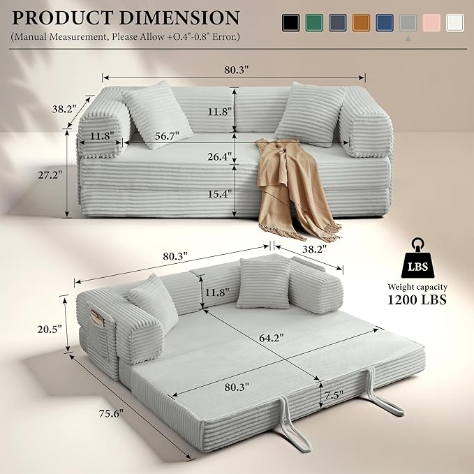 AUGOP Boneless Couch Folding Couches for Living Room Sofa, Futon Sofa Bed with Sleeper Sofa, Futon Couch with Fixed-Shape Oversized Corduroy Upholstered (Light Grey, 81 Inches)