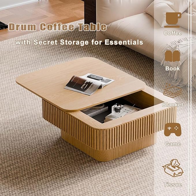 FGXJY Square Small Coffee Table with Storage, Modern Wooden Coffee Table with Solid Wood Veneered, Fluted Center Table Drum Tea Table for Living Room Apartment, 31.5''L×31.5''W×14''H