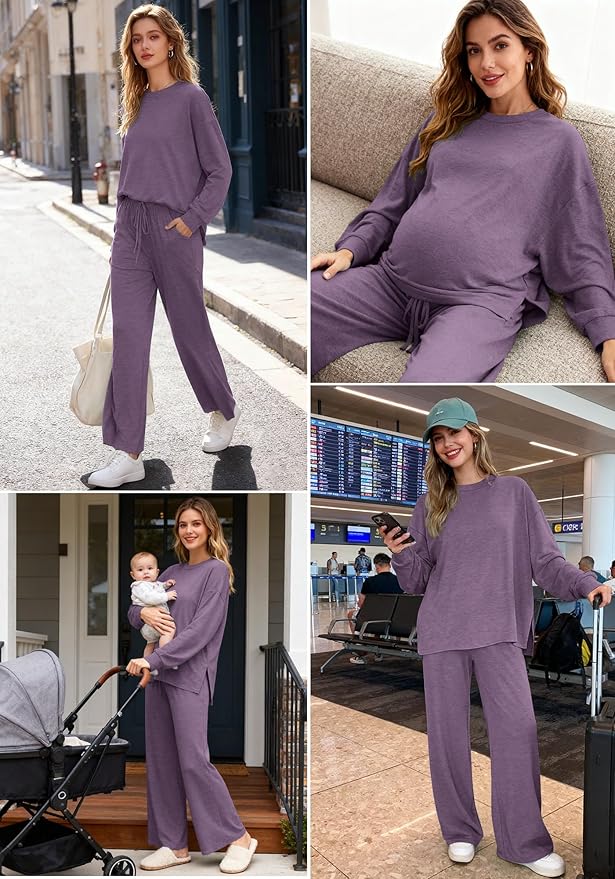 AmazingStar Womens Lounge Set 2025 Fall 2 Piece Outfits Long Sleeve Tops Wide Leg Long Pants Cozy Matching Sets Clothing
