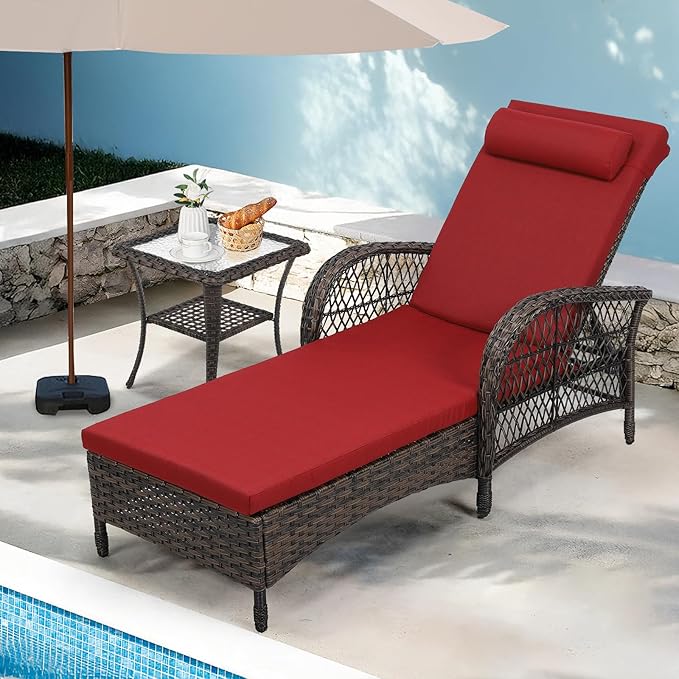 WINGTU Outdoor Chaise Lounge Chair with Side Table, All Weather PE Rattan Patio Lounge Chair with Cushion, 6-Positions Adjustable Pool Sunbathing Recliner for Poolside, Backyard, Armrest & Pillow, Red