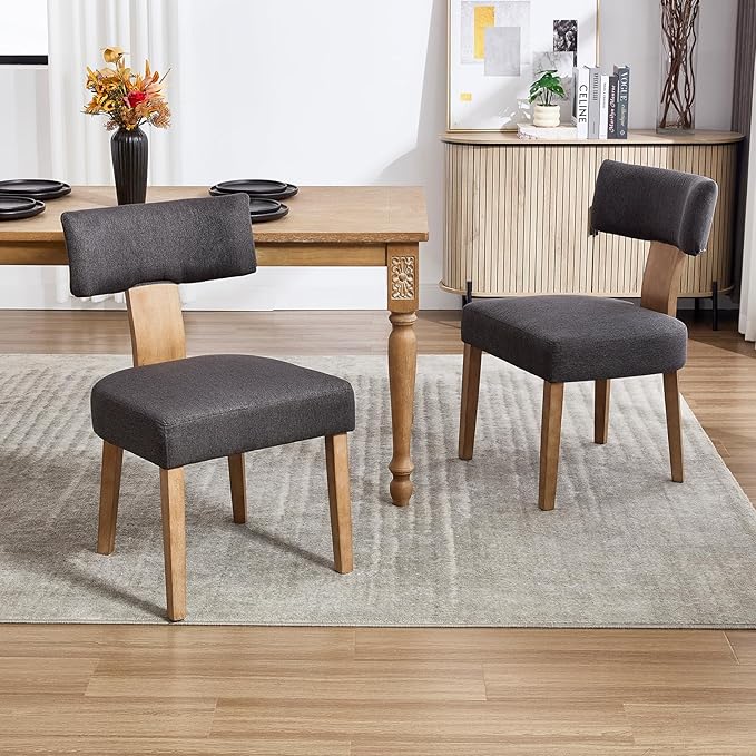 KHISCHMO Mid Century Modern Dining Chairs, Upholstered Linen Fabric Chairs with Curved Backrest and Wood Legs, Comfy Kitchen Vanity Chairs for Dining Room/Living Room/Kitchen, Set of 2 Grey