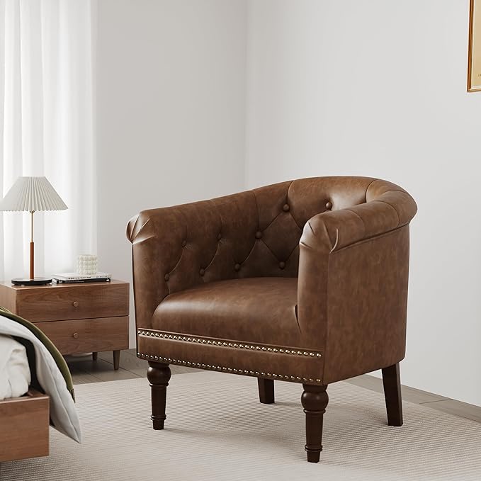DREAMSIDEA Accent Chair, Upholstered Faux Leather Barrel Chair with Nailed Trim, Comfy Club Armchair for Reading Living Room Bedroom Waiting Room (Rust, Set of 1)