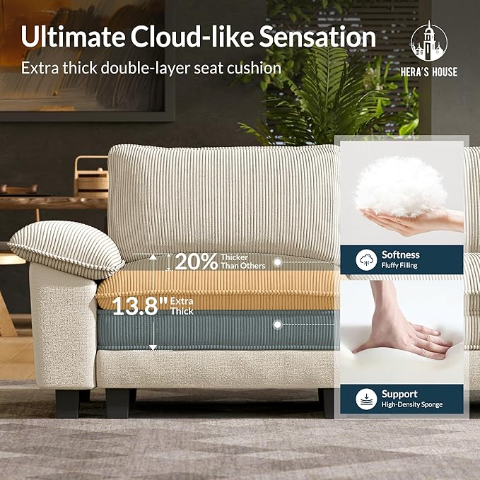 HERA'S HOUSE 158" Modular Sectional Sofa, Oversized U Shaped Couches for Living Room, Comfy Cloud Couch with Ottoman, 6-Seater Deep Seat Sofa with Throw Pillow, Corduroy and Chenille Beige